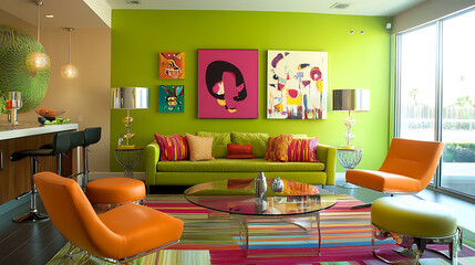 Artistic living room with green walls, vibrant decor, and modern furniture