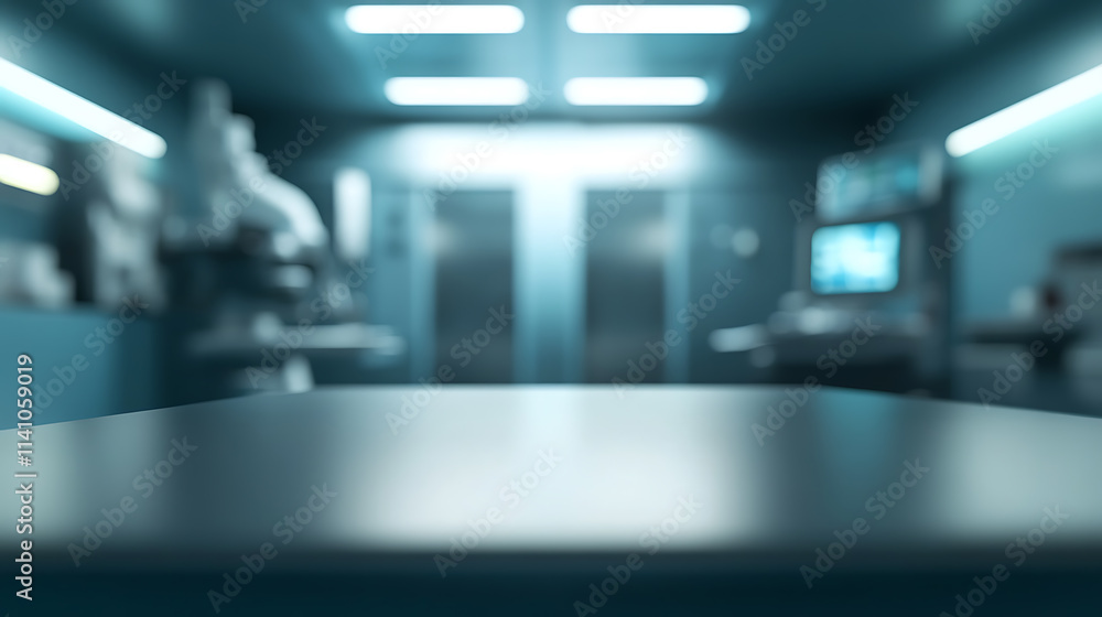 Poster Close up of empty table with blurred surgeon operating room background