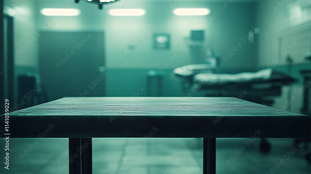 Poster close up of empty table with blurred surgeon operating room background