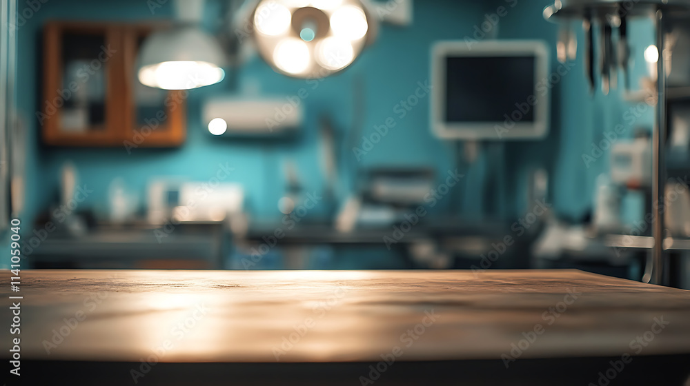 Aufkleber close up of empty table with blurred surgeon operating room background