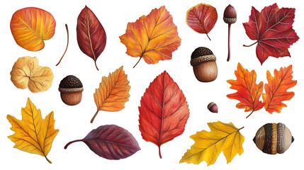 Fototapeta premium Assorted autumn leaves and acorns arranged on a white background, vibrant fall foliage pattern, isolated on white