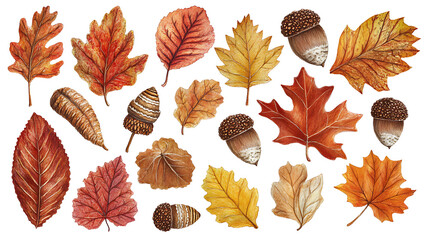 Obraz premium Assorted autumn leaves and acorns arranged on a white background, vibrant fall foliage pattern, isolated on white