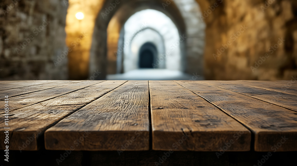 Poster close up of empty wooden table with blurred old medieval catacombs background