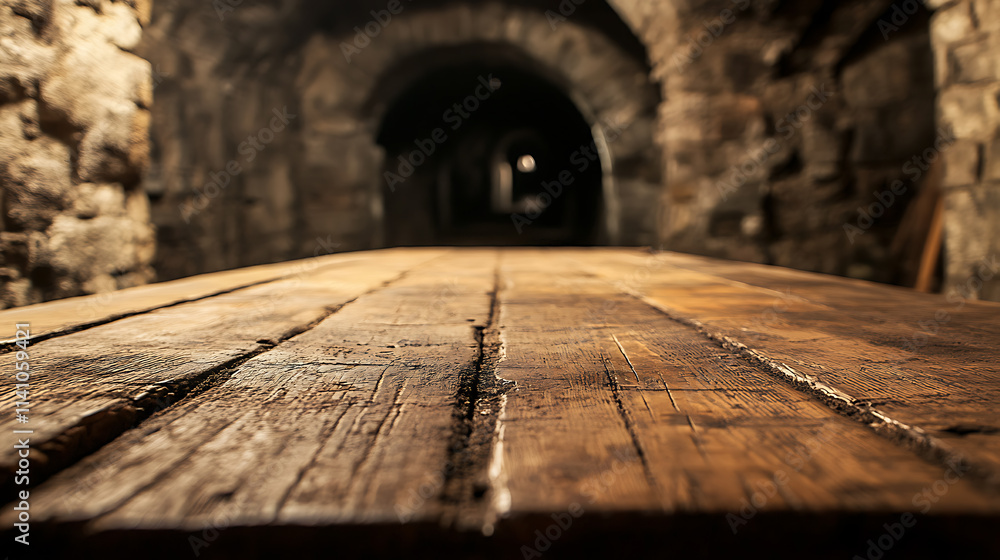 Poster close up of empty wooden table with blurred old medieval catacombs background
