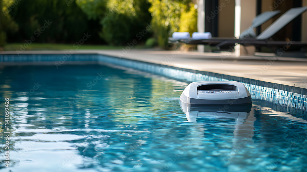 Poster automated pool cleaner is hard at work, maintaining hygiene and clarity in a private swimming pool, 