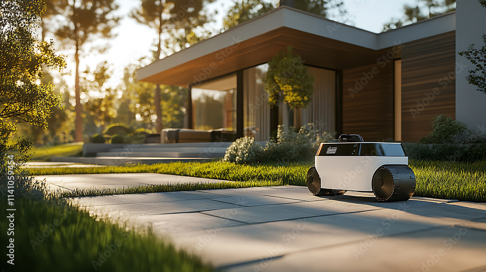 Poster autonomous delivery robot is bringing packages to the front door of a modern suburban home