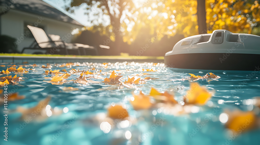 Aufkleber automated pool cleaner works diligently in a backyard swimming pool, surrounded by floating leaves u