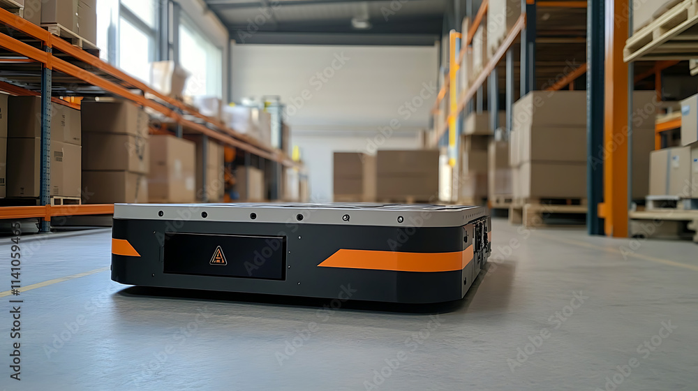 Poster Autonomous mobile robot efficiently transports boxes in a modern warehouse, showcasing technology integration in logistics