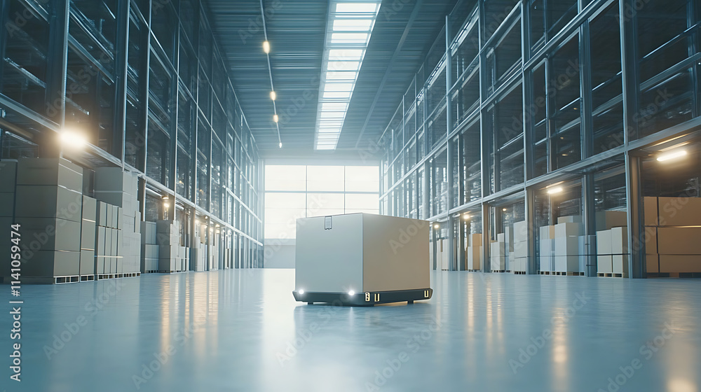 Poster autonomous mobile robot efficiently transports boxes in a modern warehouse, showcasing technology in