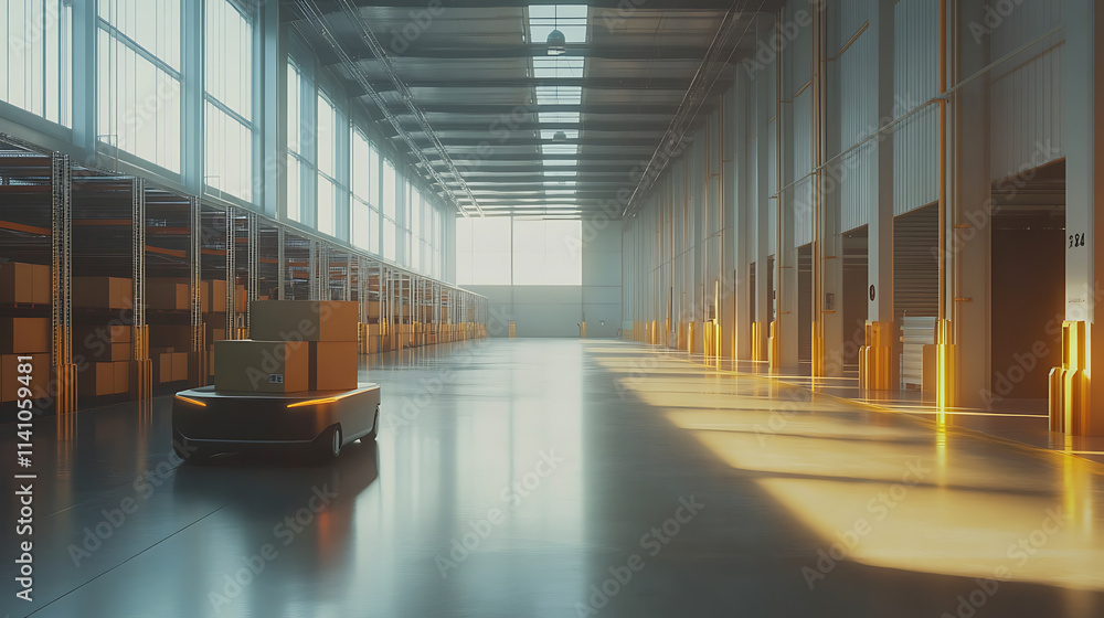 Poster Autonomous mobile robot efficiently transports boxes in a modern warehouse, showcasing technology integration in logistics