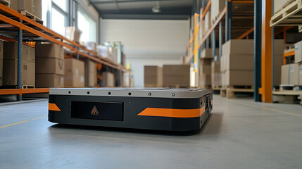 Autonomous mobile robot efficiently transports boxes in a modern warehouse, showcasing technology integration in logistics