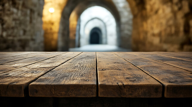 Close up of empty wooden table with blurred old medieval catacombs background