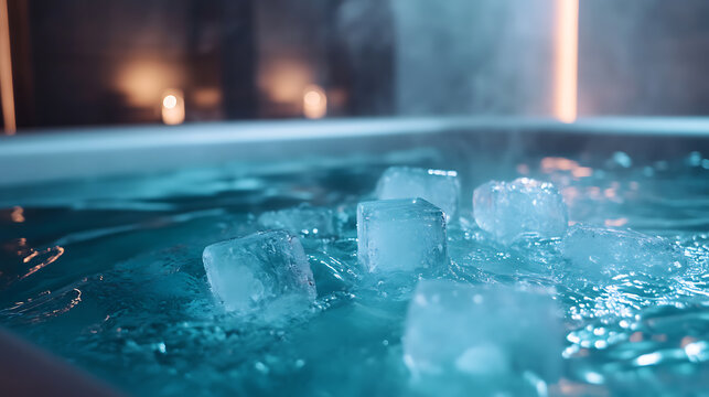 Close up of ice cubes in a cold ice bath plunge pool