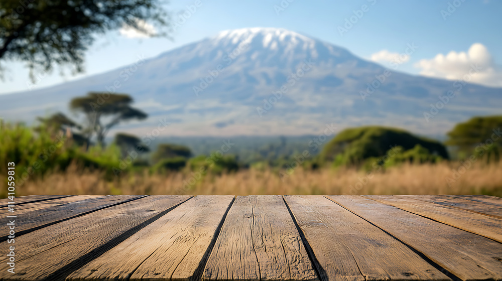 Poster A close up of a rustic empty wooden table with blurred barbershop background