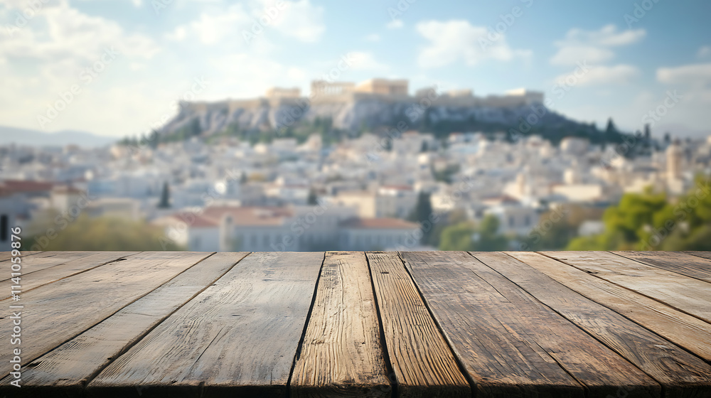 Poster A close up of a rustic empty wooden table with blurred barbershop background