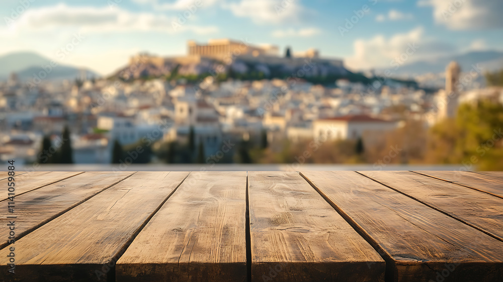 Poster a close up of a rustic empty wooden table with blurred barbershop background