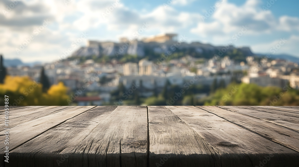 Aufkleber A close up of a rustic empty wooden table with blurred barbershop background