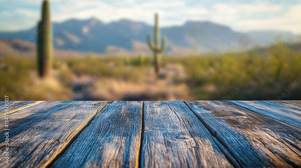 Poster A close up of a rustic empty wooden table with blurred barbershop background