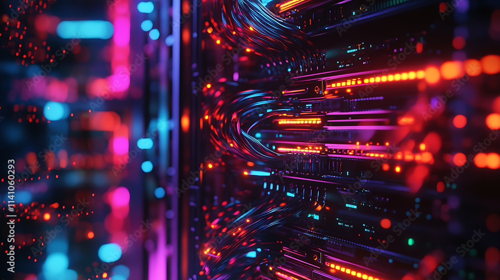 Aufkleber Closeup of server racks with cables in a data center, showcasing the complexity of connections, vibrant lights, and high-tech infrastructure