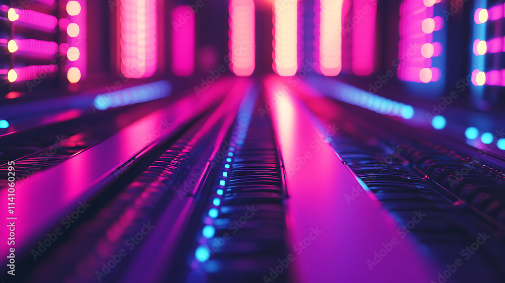 Poster Closeup of server racks with cables in a data center, showcasing the complexity of connections, vibrant lights, and high-tech infrastructure