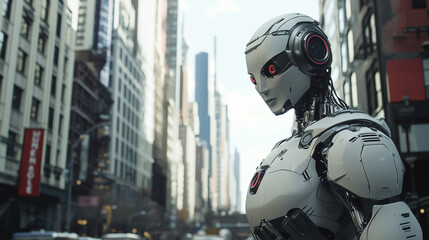 A sophisticated humanoid robot, predominantly white with red accents, stands amidst a towering cityscape. The robots design is sleek and modern, suggesting advanced technology.