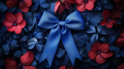 Blue Bow Decorates Dark Blue And Red Flowers