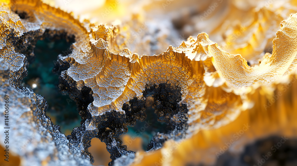 Poster beautifully generated mandelbrot fractals in vibrant colors of gold, silver, black and natural color
