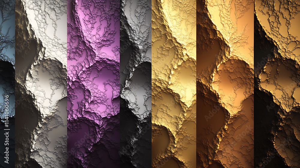Poster beautifully generated mandelbrot fractals in vibrant colors of gold, silver, black and natural color
