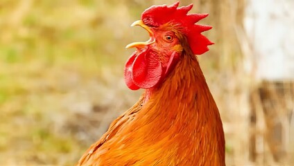 Close-up of a rooster's Crowing with head, highlighting its distinctive comb and wattles.