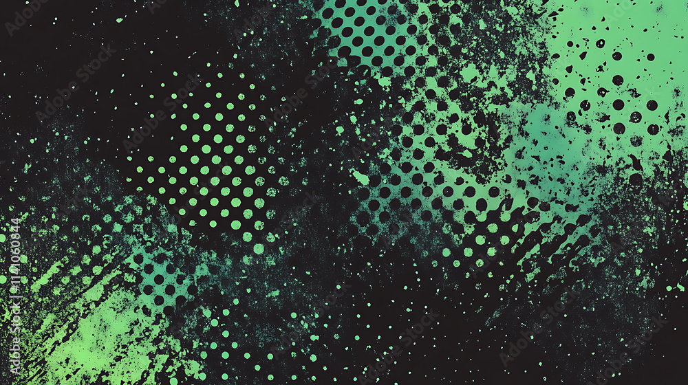 Poster black and green halftone background with grungy dots