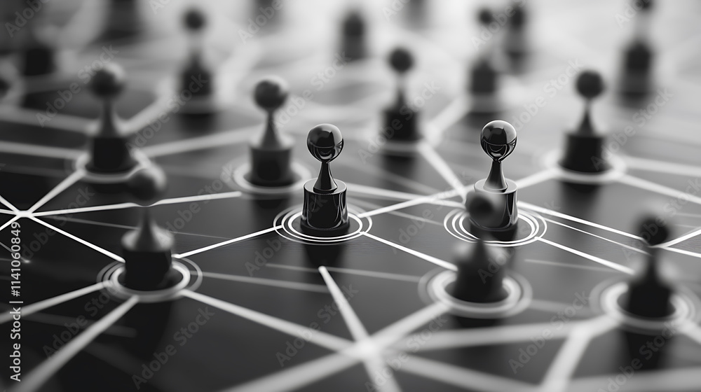 Poster black and white background of digital network connections with data flowing between nodes