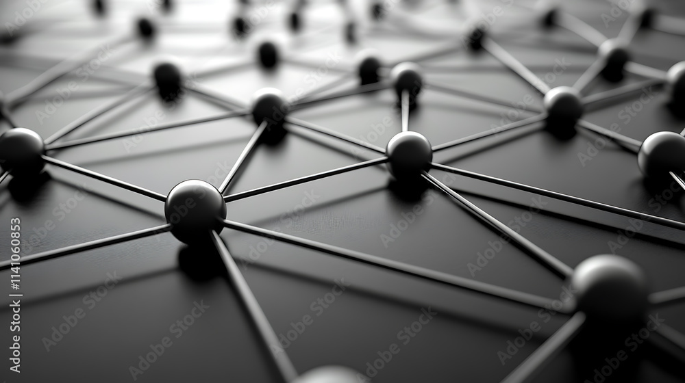 Poster black and white background of digital network connections with data flowing between nodes