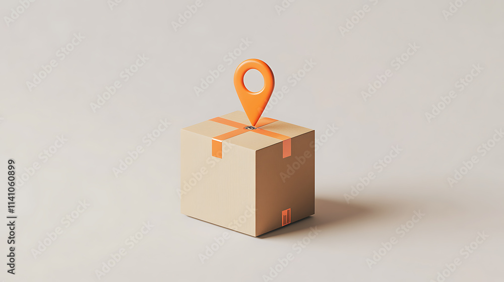 Aufkleber 3d cardboard box with orange location marker icon hovering above it against plain light colored back