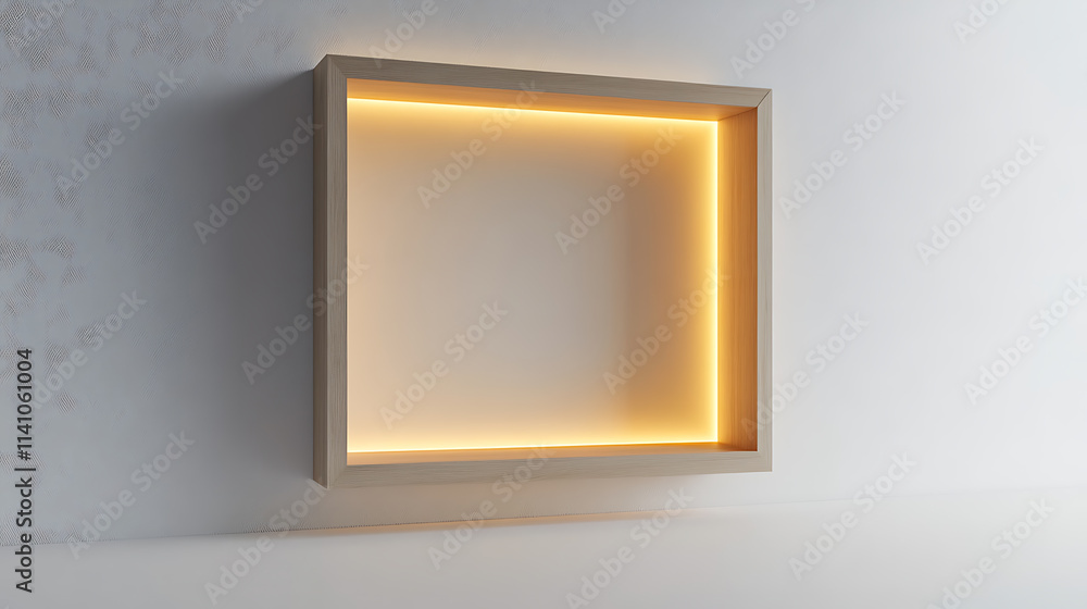 Poster 3d mockup of an empty niche or shelf with an led light on a white wall, display case made of plastic