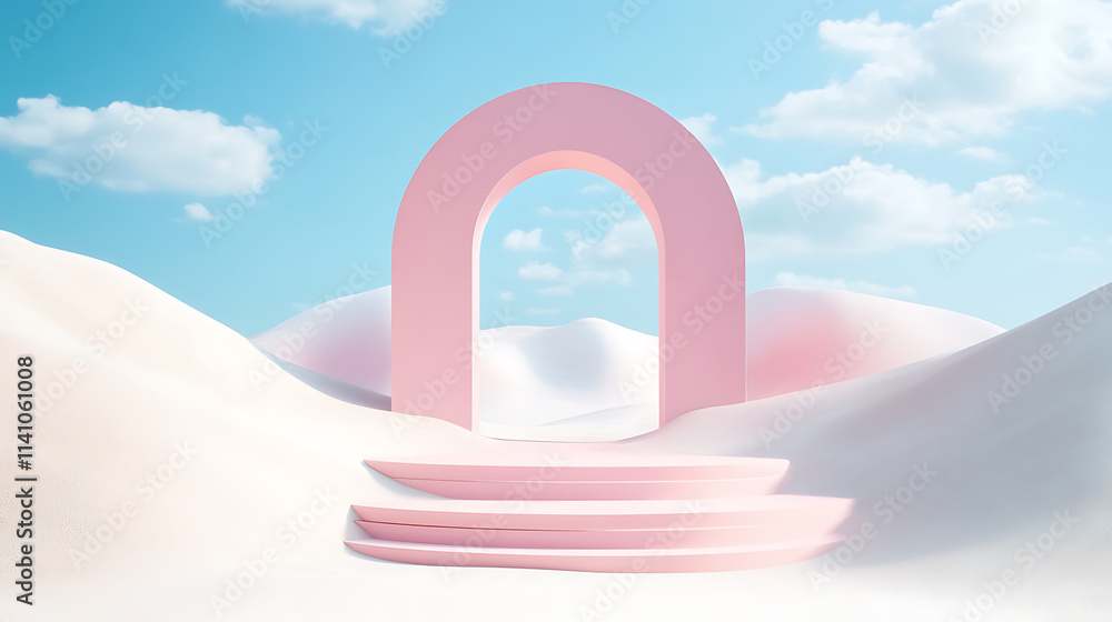 Poster 3d render, abstract surreal pastel landscape background with arches and podium for showing product, 
