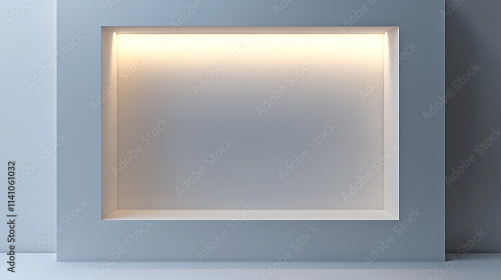 Poster 3d mockup of an empty niche or shelf with an led light on a white wall, display case made of plastic