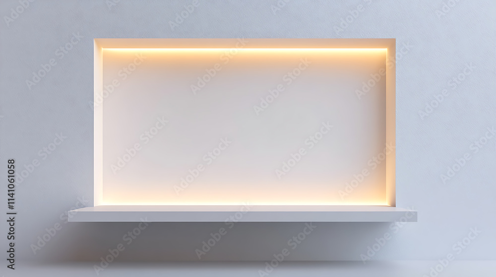 Poster 3d mockup of an empty niche or shelf with an led light on a white wall, display case made of plastic