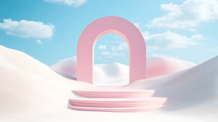 3d render, abstract surreal pastel landscape background with arches and podium for showing product, panoramic view, colorful dune scene with copy space, blue sky and cloudy, minimalist decor design