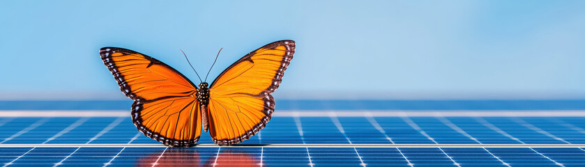 vibrant orange butterfly perched on solar panel, showcasing nature beauty and technology harmony