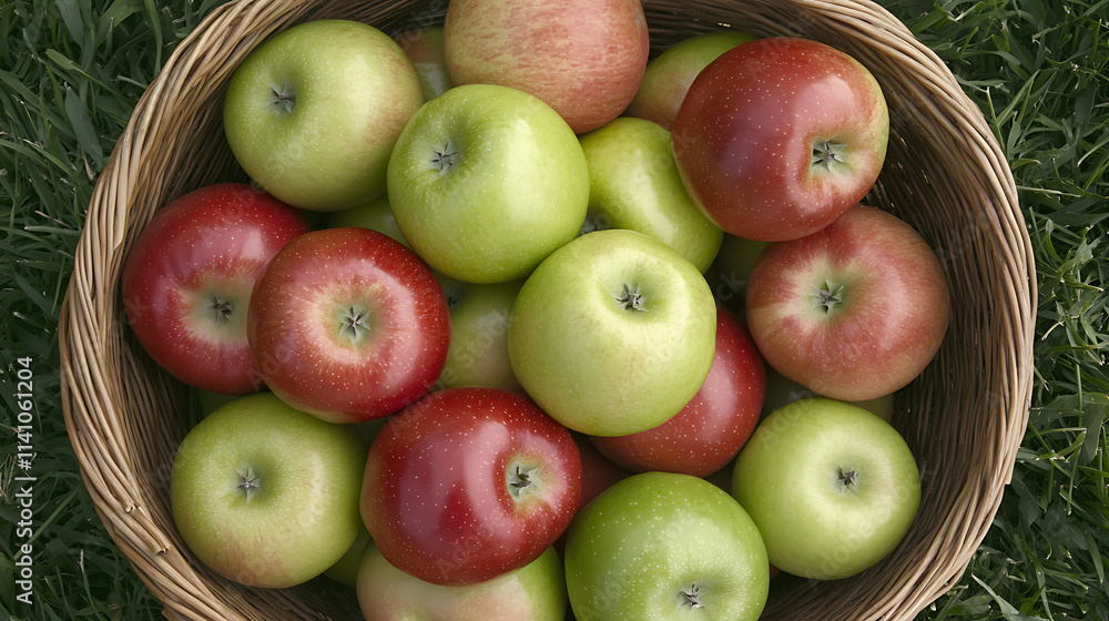 Poster a basket of apples on the grass, red and green apples, shot from above in a close up shot