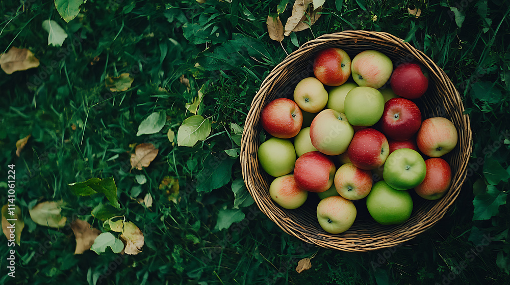 Poster a basket of apples on the grass, red and green apples, shot from above in a close up shot