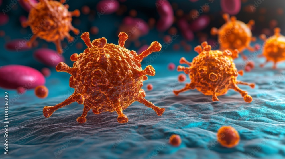 Poster microscopic view of viruses on a cellular surface