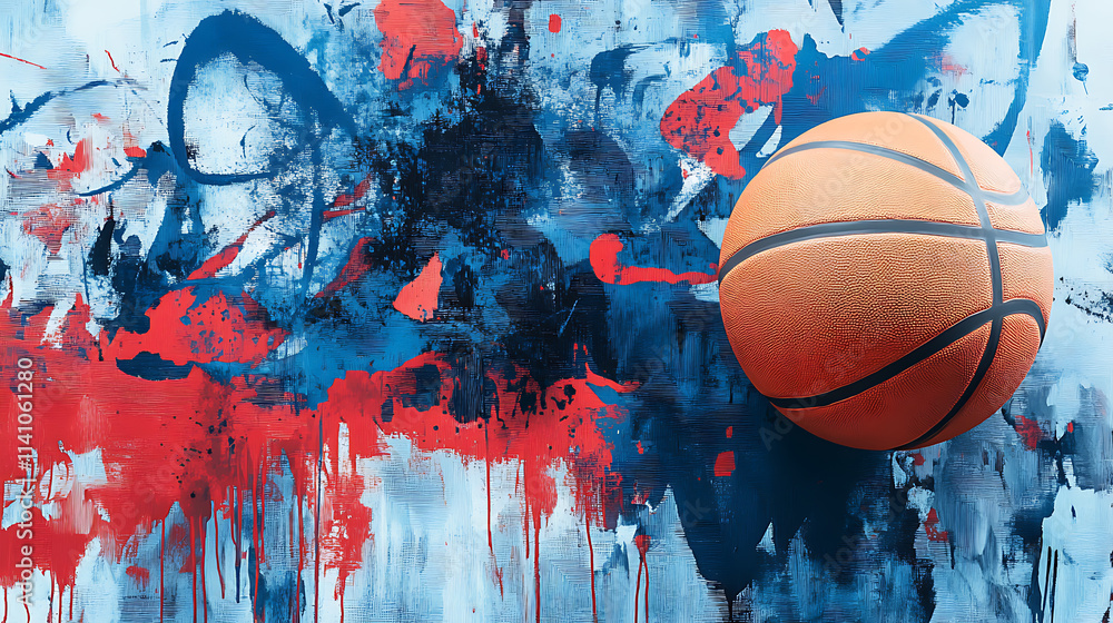 Poster a basketball banner with a navy blue and red color scheme a basketball ball is on the right side wit