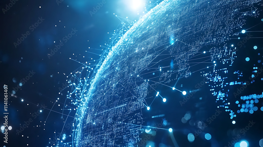 Aufkleber A blue background with a digital globe and global network connections on the right side, representing an international technology business