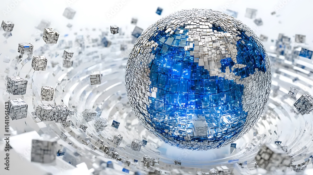 Poster a blue and silver digital globe on a white background, surrounded by many small cube icons represent