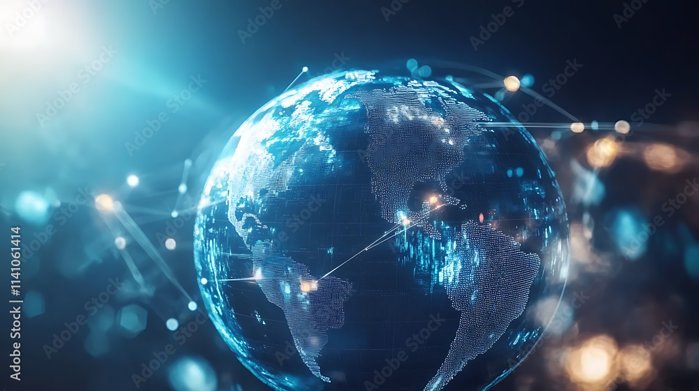 Poster A blue background with a digital globe and global network connections on the right side, representing an international technology business