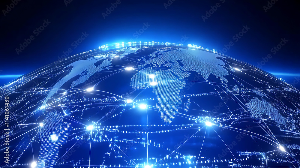 Poster A blue background with a digital globe and global network connections on the right side, representing an international technology business