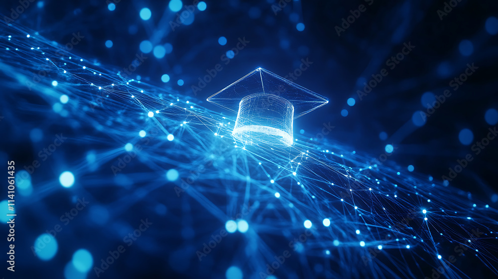 Leinwandbilder a blue digital mesh representing the network of interconnected nodes, with an illuminated graduation