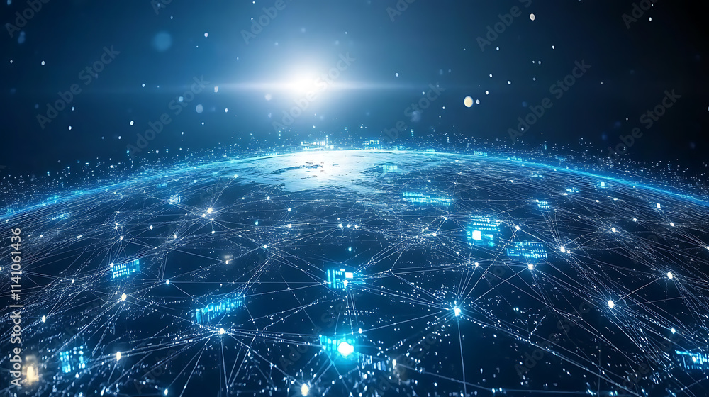 Aufkleber A blue background with a digital globe and global network connections on the right side, representing an international technology business