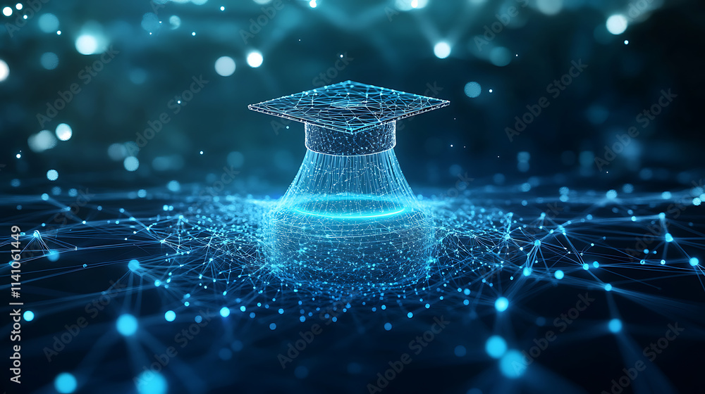 Poster a blue digital mesh representing the network of interconnected nodes, with an illuminated graduation
